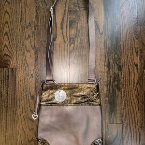 Brighton Crossbody Purse / Messenger Bag In Metallic Grey With Olive Green Croc
